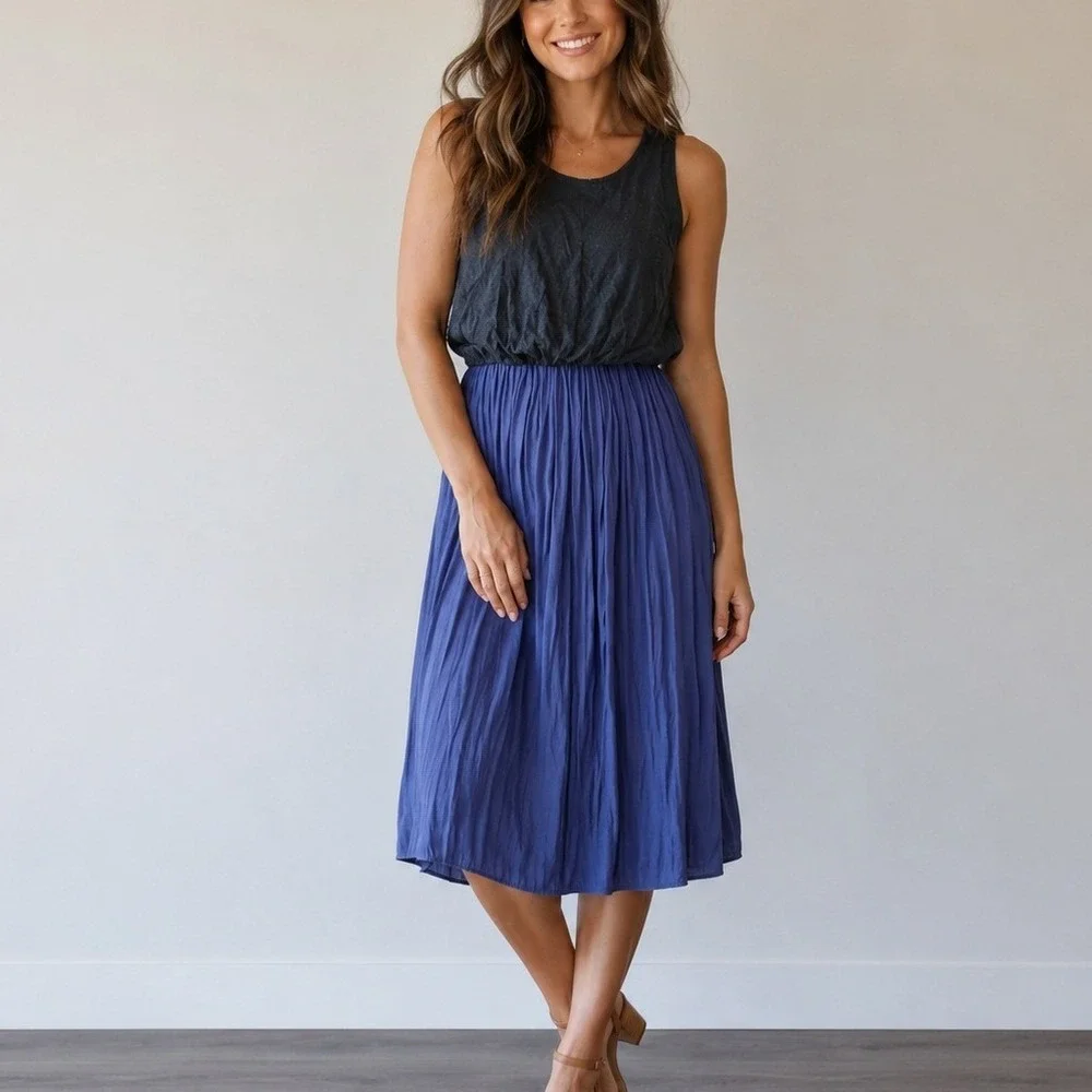 Ann Taylor Loft Colorblock Sleeveless Pleated Midi Dress Gray Blue size  Medium